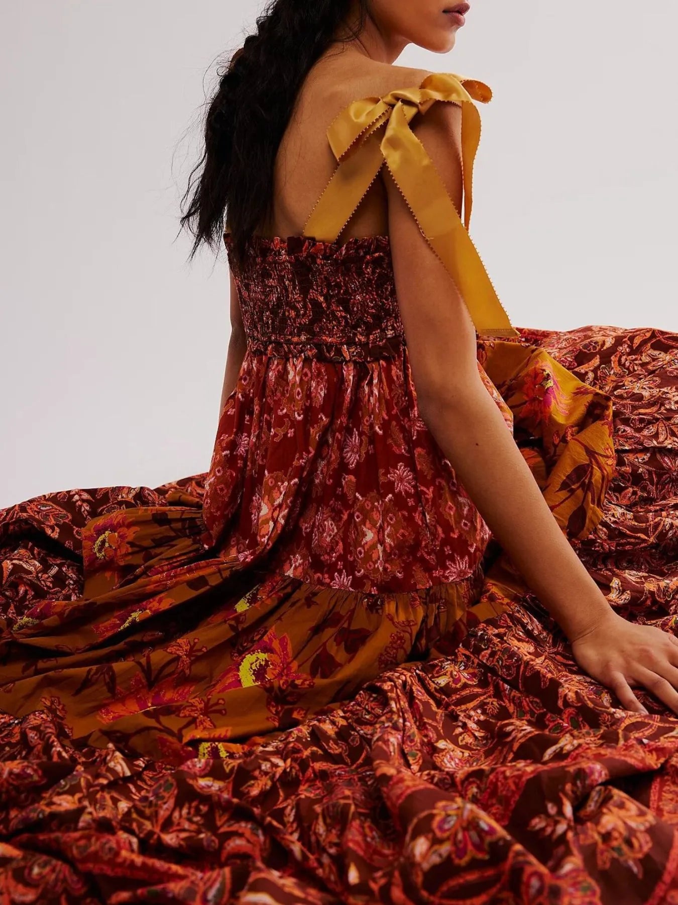 Smocked Printed Tie Shoulder Maxi Dress