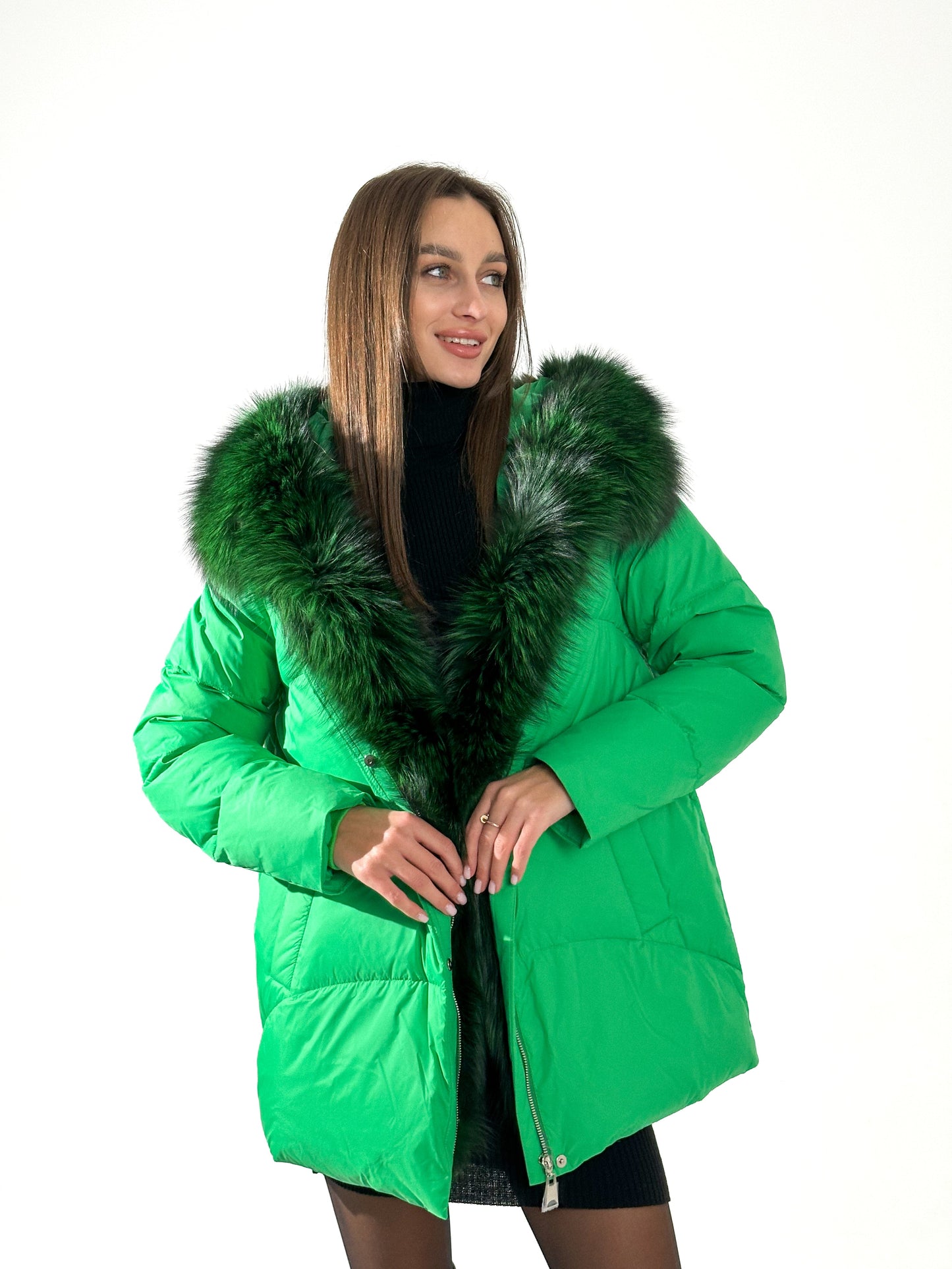 Parka en duvet et fourrure de renard argenté véritable