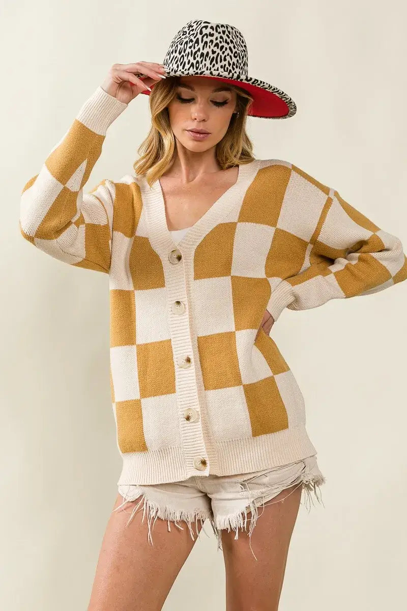 BiBi Checkered V Neck Cardigan Mustard Cream Pattern