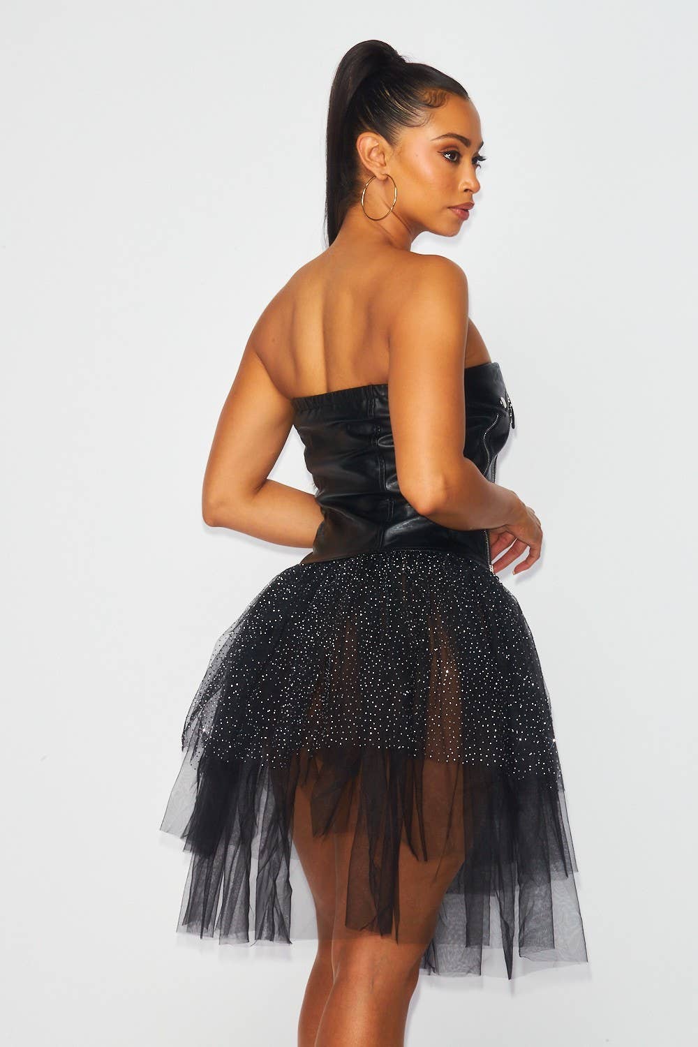 Kayla Contrast Mesh Faux Leather Zipper Detail Tutu Strapless Dress