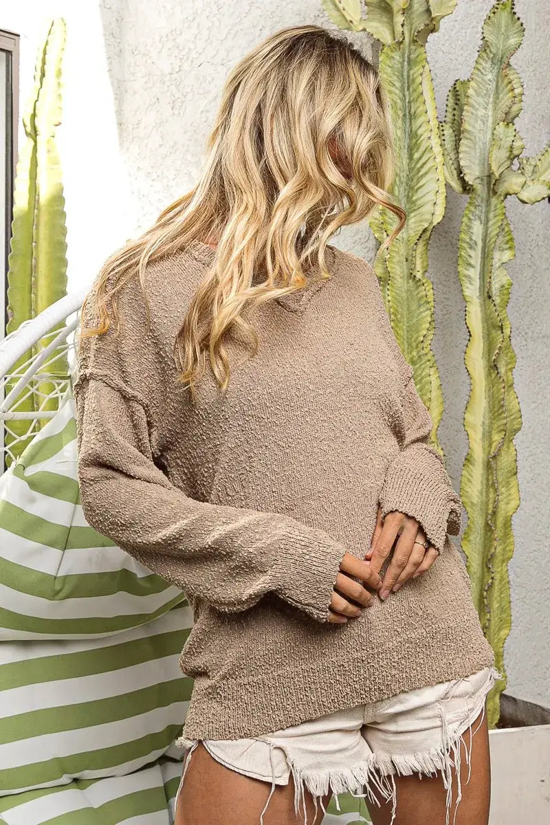 BiBi Raw Edged Popcorn Texture V Neck Knit Casual Sweater