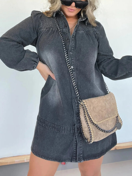 Button Front Long Sleeve Denim Dress Plus Size