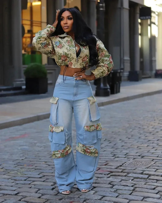 BWQ Washed Denim Women's Set Full Sleeve Floral Jacket and Pockets Cargo Jeans Pants Suit 2025 Street Two 2 Piece Set Outfit