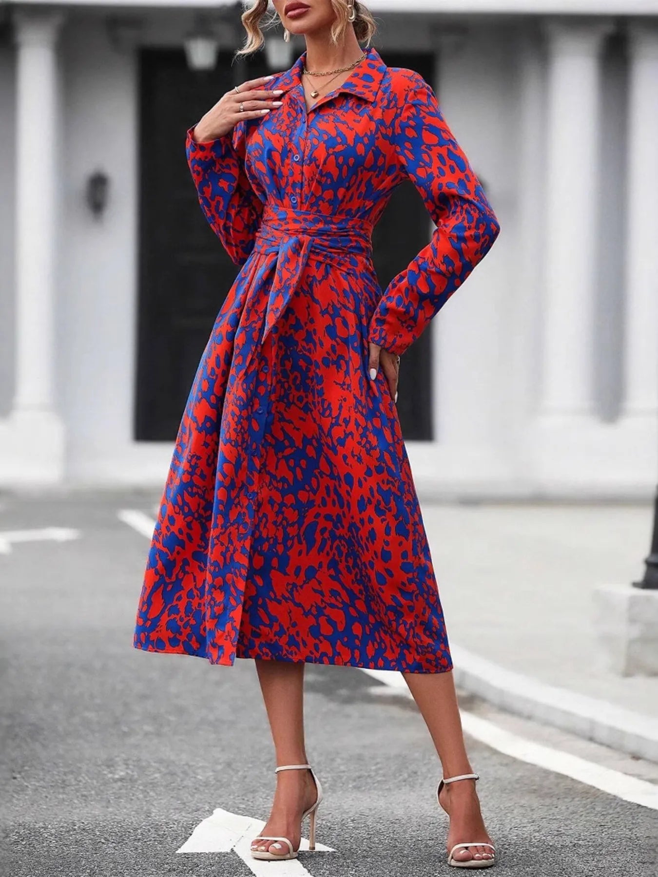 Printed Long Sleeve Shirt Dress