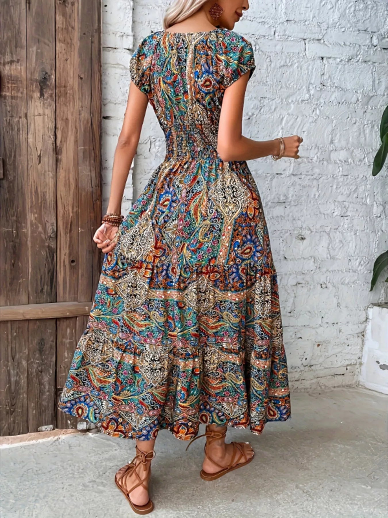 Printed V-Neck Cap Sleeve Dress