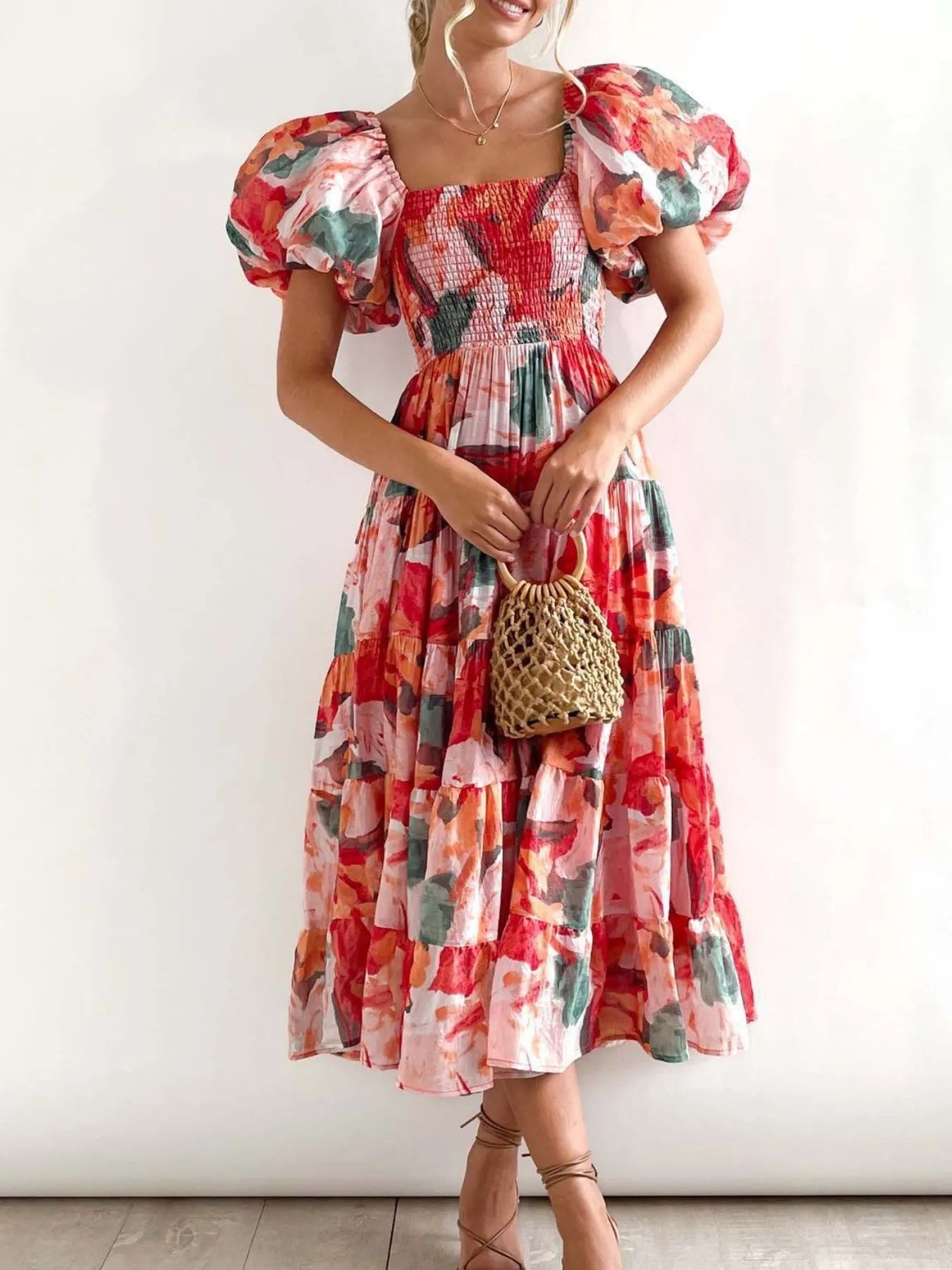 Floral Smocked Puff Sleeve Tiered Dress