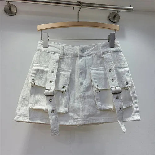 Retro Pink Large Pocket Denim Suit Spring Summer Sleeveless Short Vest High Waist Hip Wrapped Skirt 2 Pieces Sets Women Outfits