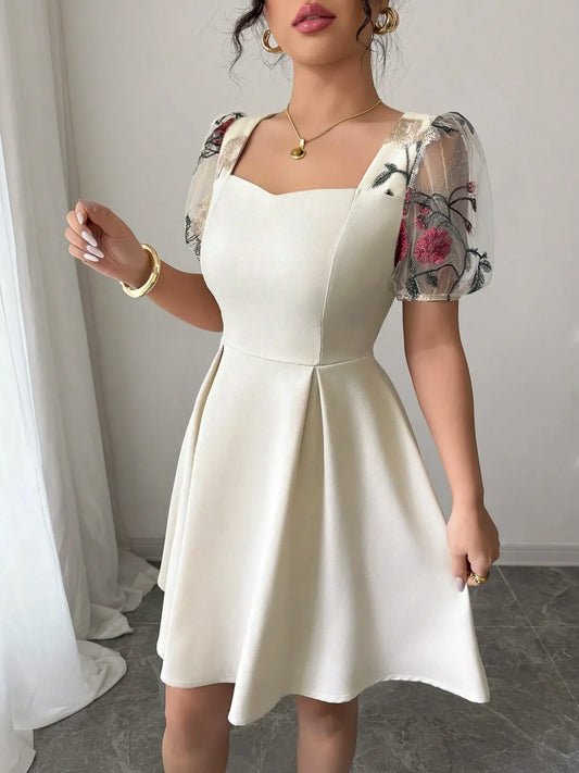 Square Neck Floral Sheer Sleeve Dress
