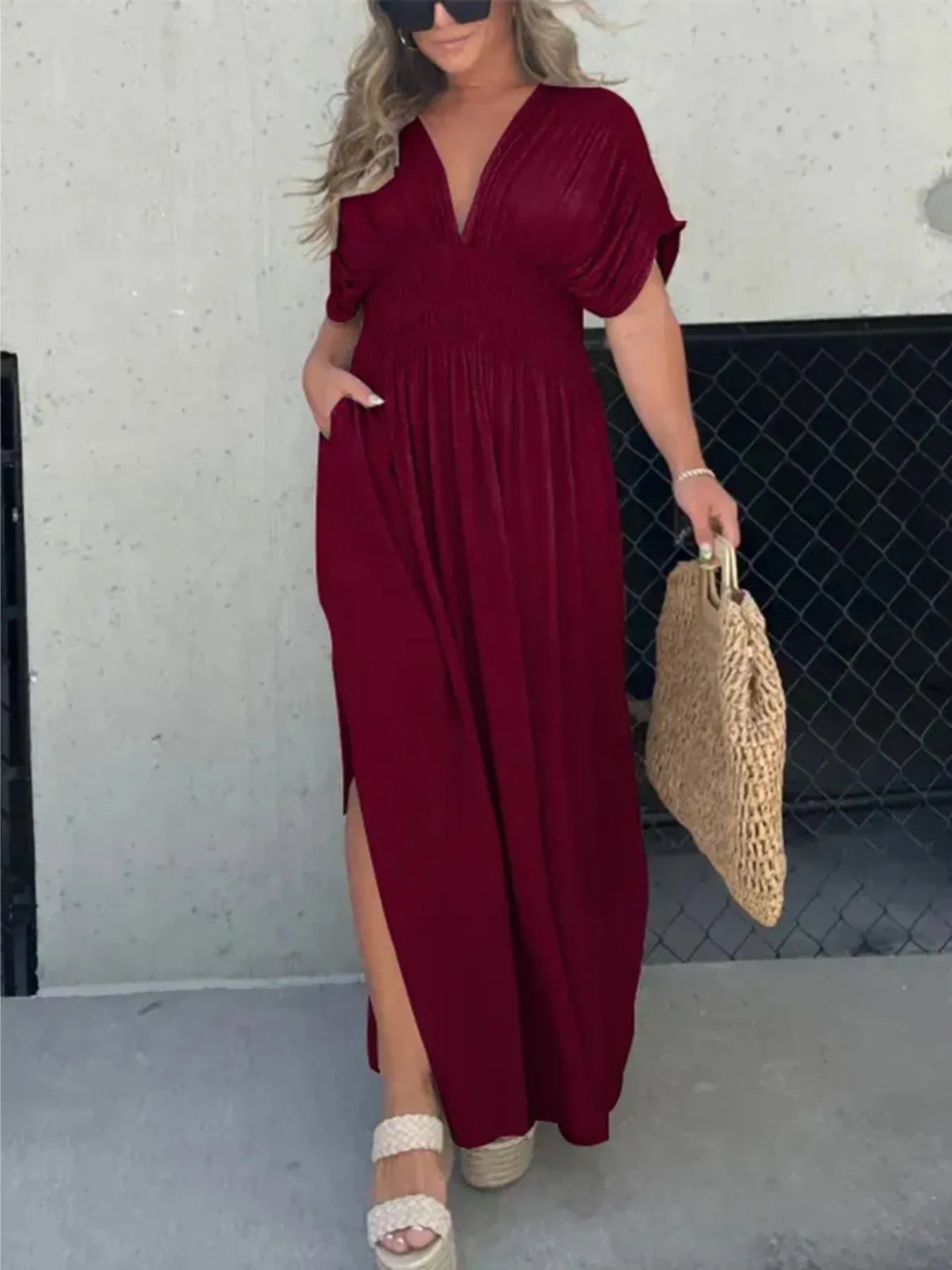 Deep V-Neck Maxi Dress with Side Slit Plus Size