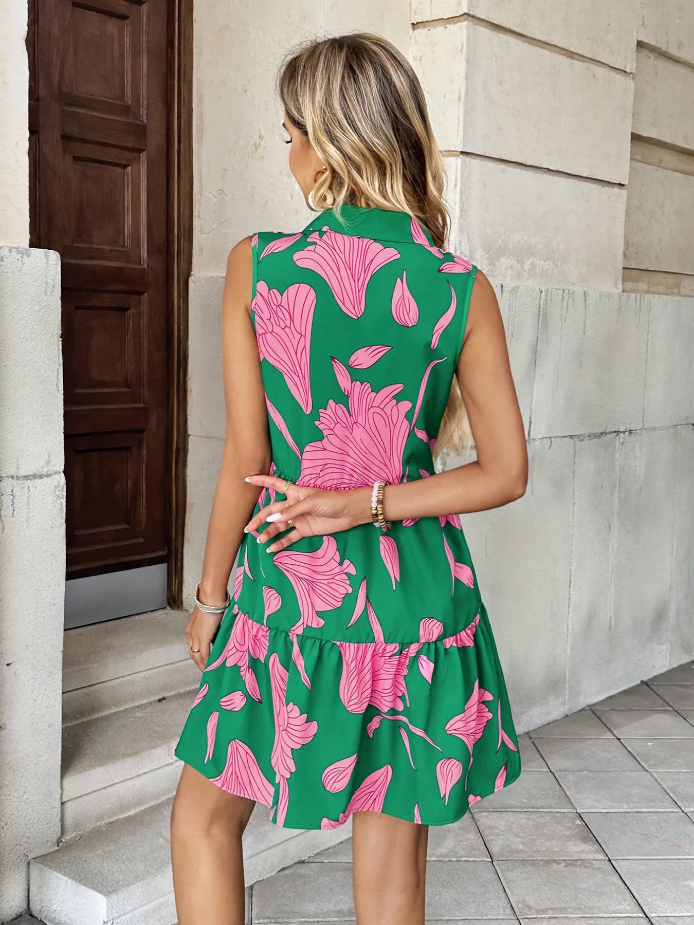 Printed Button Detail Sleeveless Dress