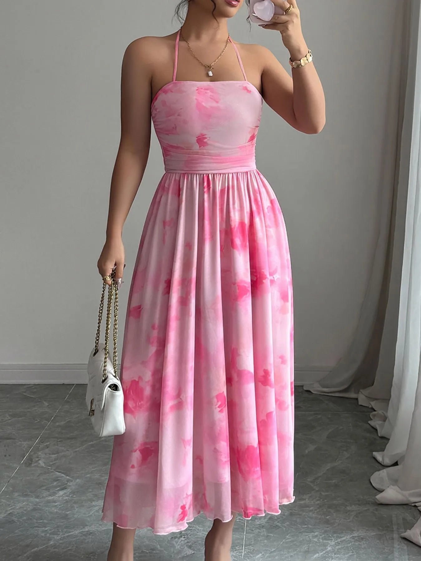 Tie-Dye Halter Sleeveless Midi Dress