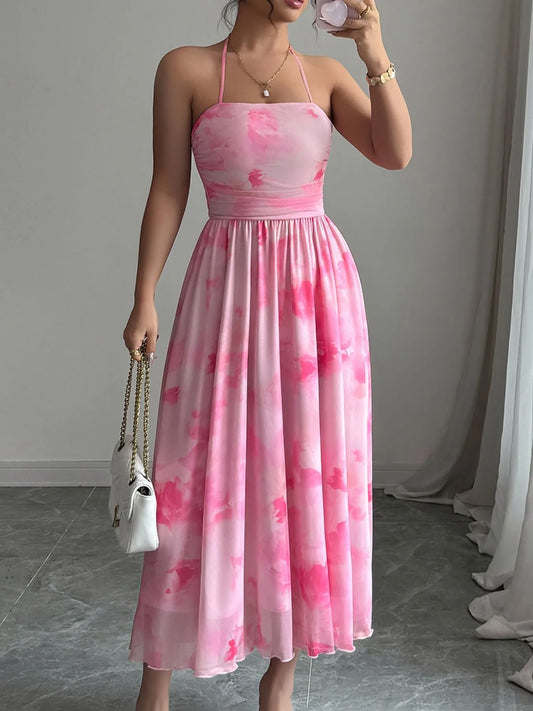 Tie-Dye Halter Sleeveless Midi Dress
