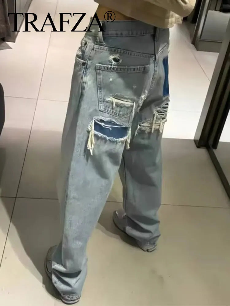 TRAFZA Jeans pour femmes 2024 Denim solide ample fermeture éclair braguette femme trou pantalon poches sauvage basique trajet femme jambe large pantalon long 