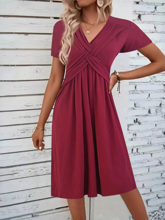 V-Neck Short Sleeve Midi Dress