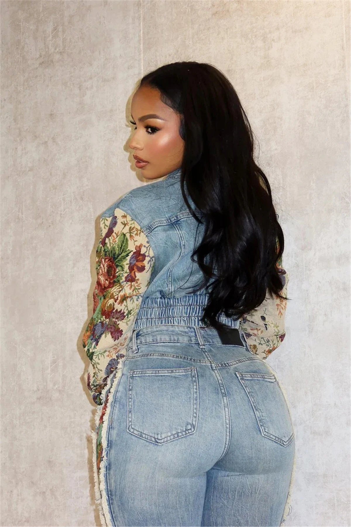 2024 Women's Printed Splicing Denim Jacket Long Sleeve and Piercing Jeans Long Pants Color Contrasting Set Two Piece Set