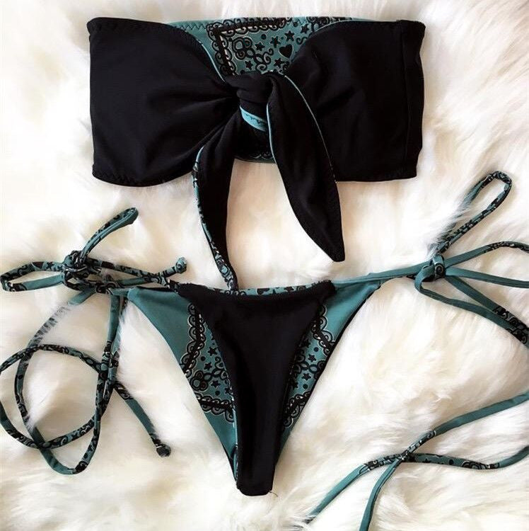 Retro Printed Bikini Front Knotted Swimsuit Female Tied Swimsuit Bikini