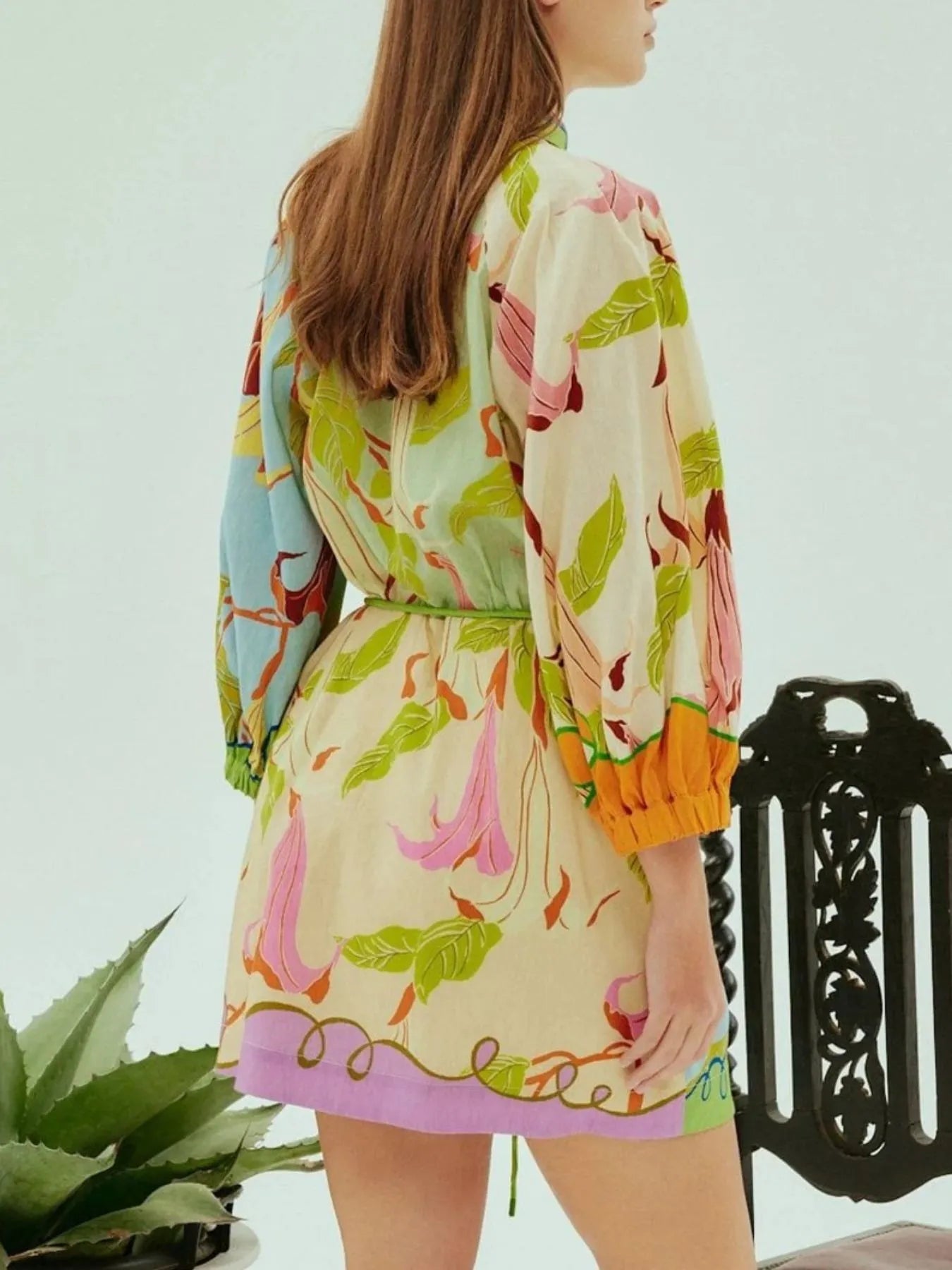 Abstract Print Tie Front Mini Shirt Dress with Pockets