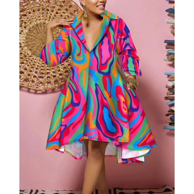 Women Sexy Fashion Printed Shirt Dresses Chic V Neck Loose Long Sleeve Dress Causal Vacation Female Mini Vestidos Robe Clothing