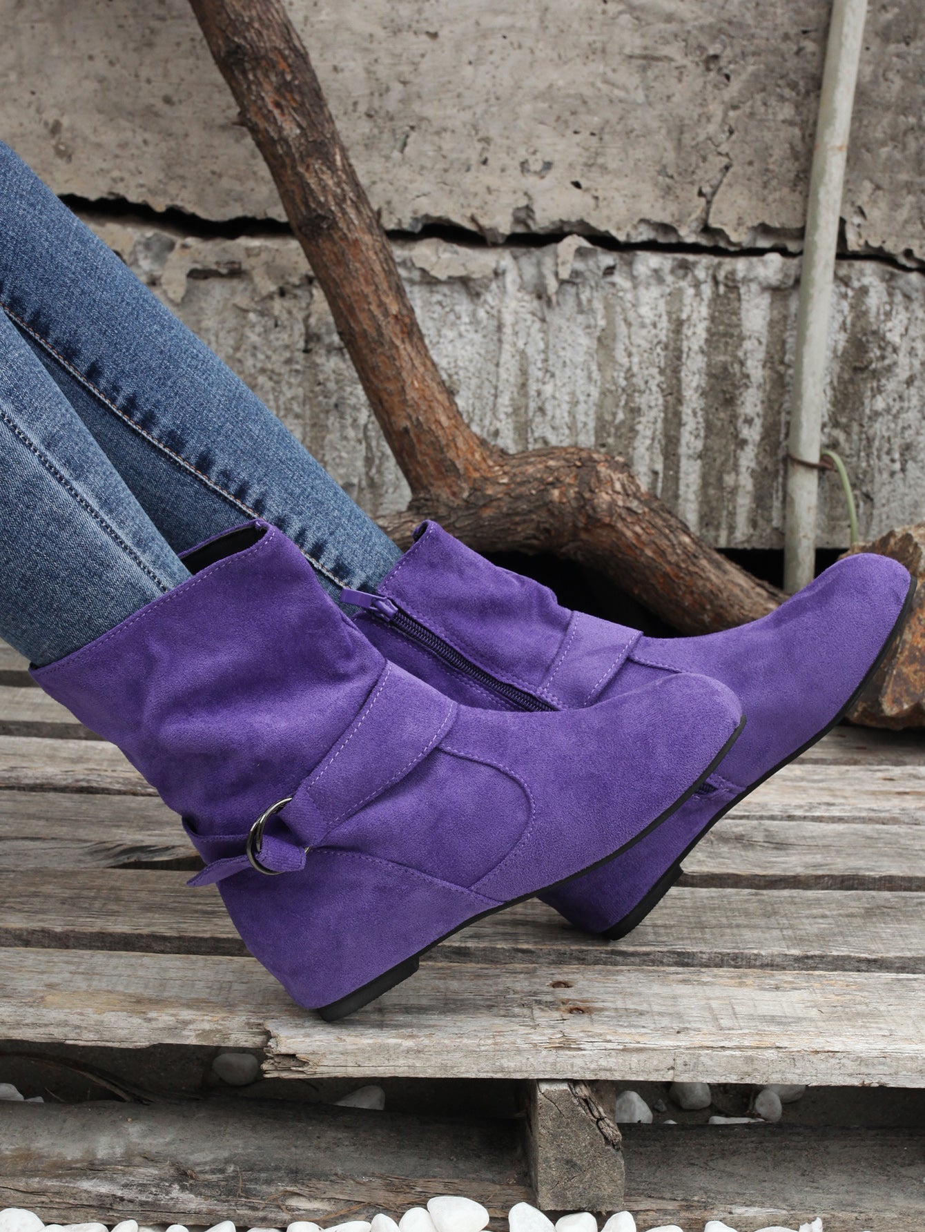 Ankle Boots  Round Toe Buckle Belt Side Zipper Boots