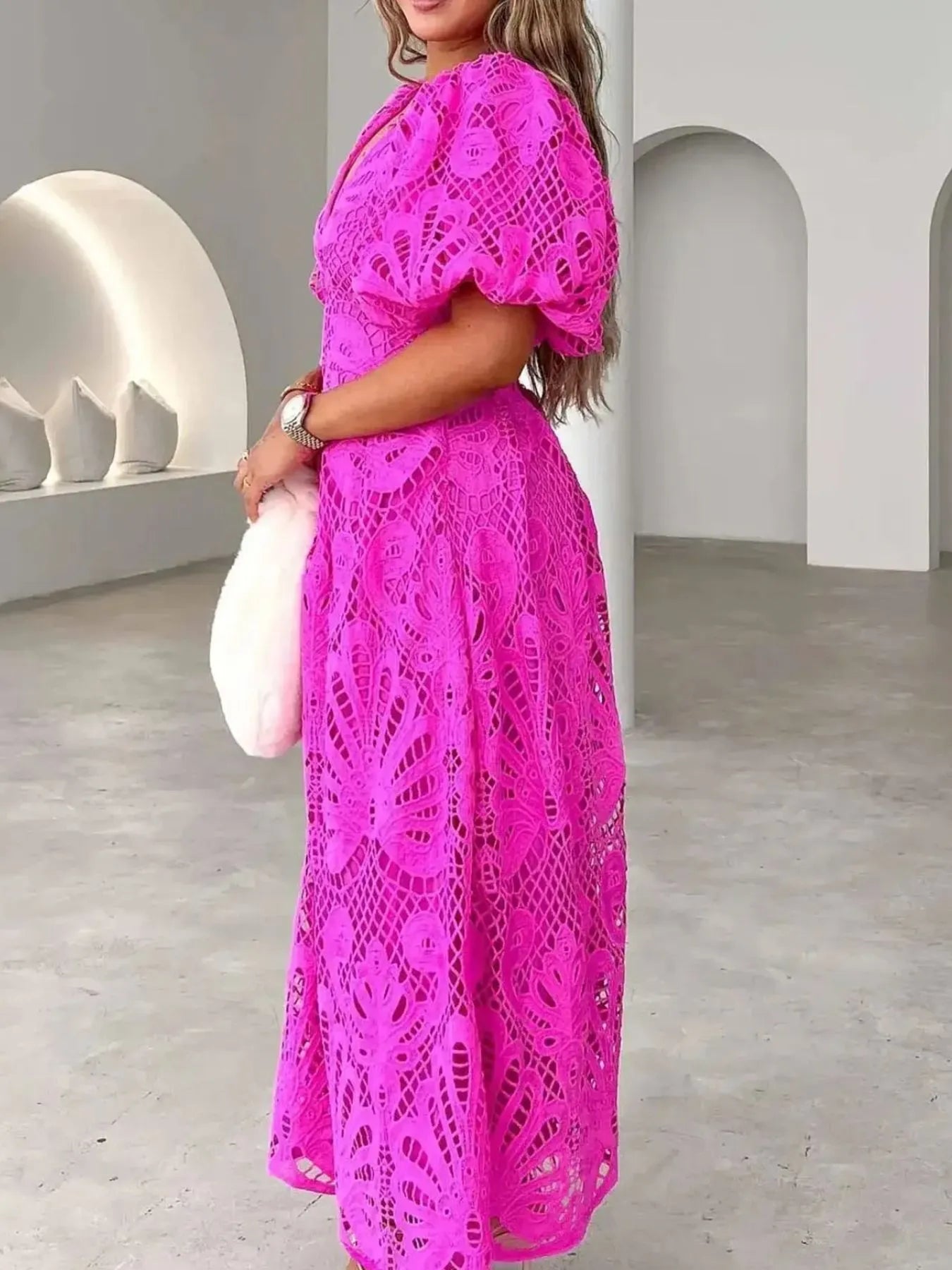 Lace V-Neck Midi Dress with Puff Sleeves