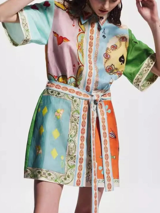 Printed Tie Waist Shirt Dress