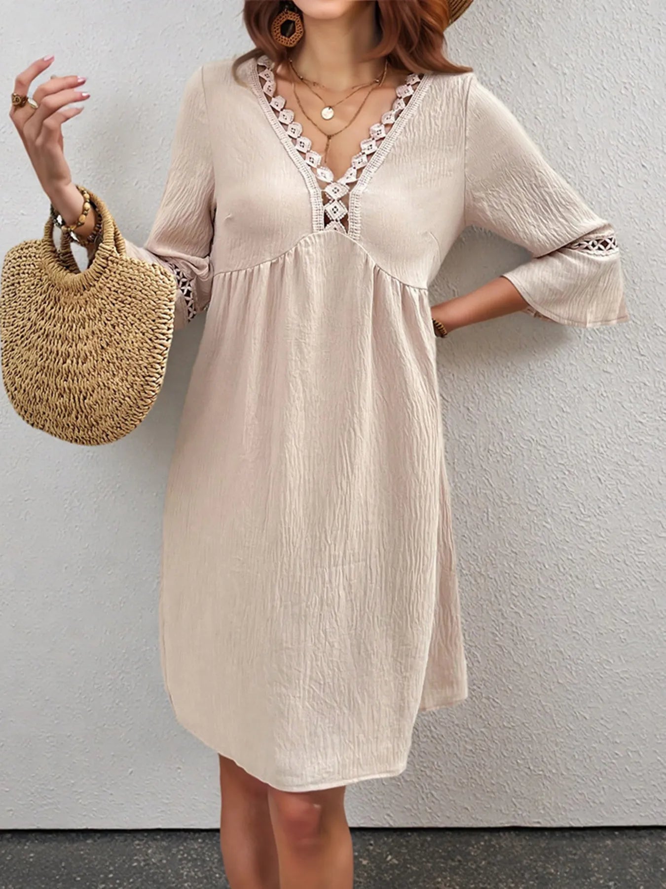 Lace Detail V-Neck Bell Sleeve Dress