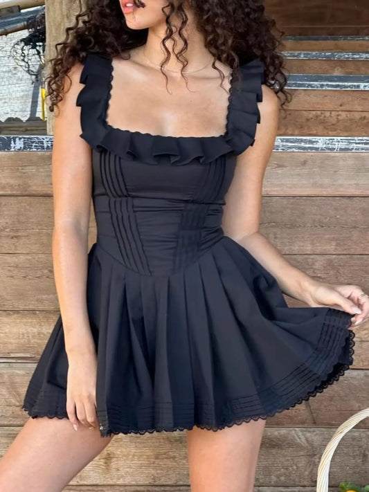 Square Neck Pleated Mini Dress