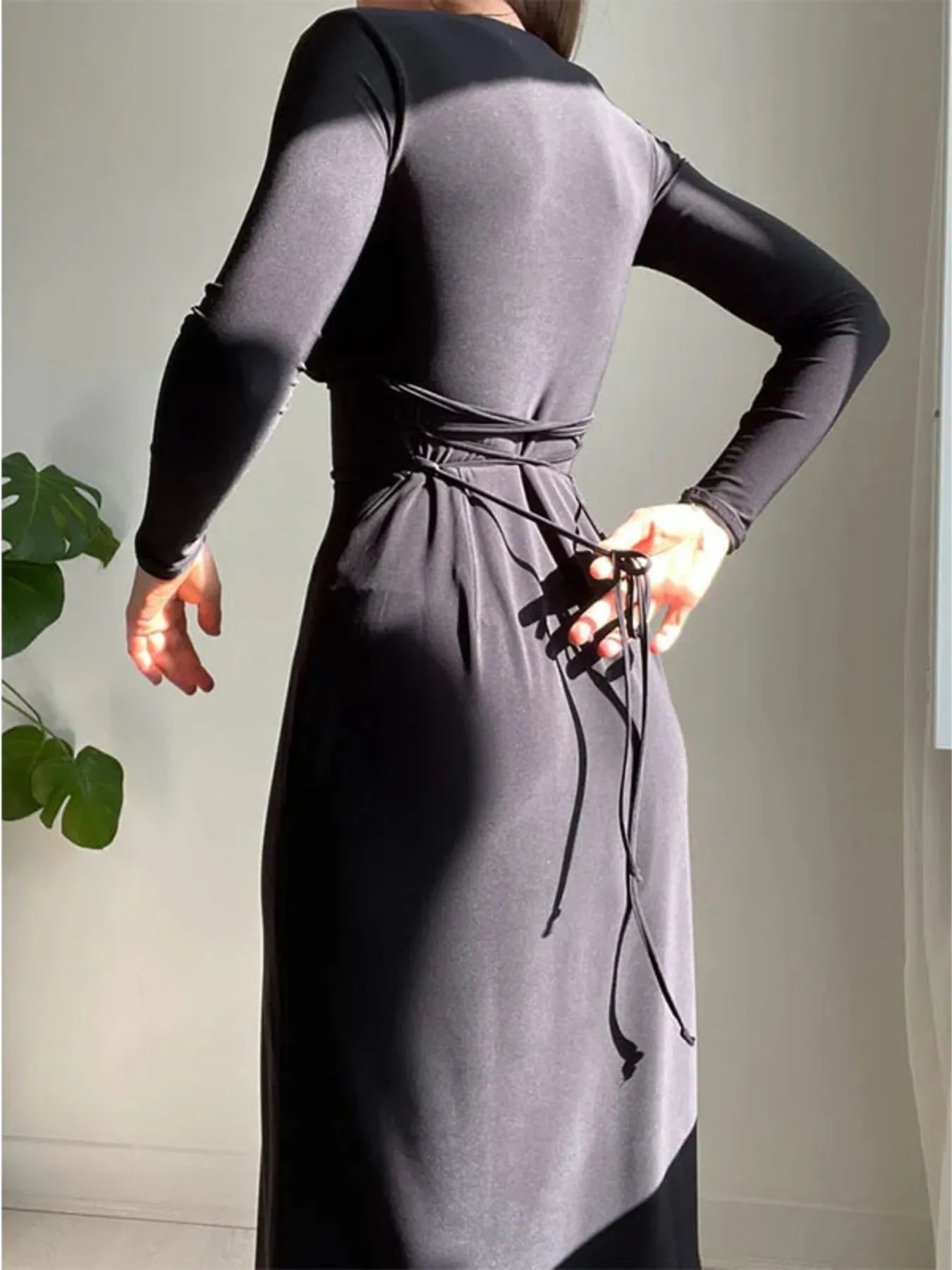 Tied Long Sleeve Bodycon Midi Dress Plus Size