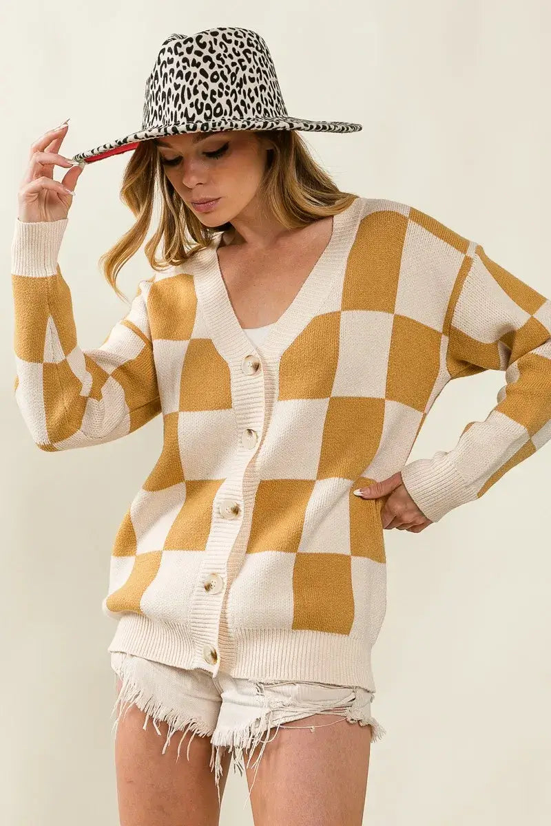 BiBi Checkered V Neck Cardigan Mustard Cream Pattern