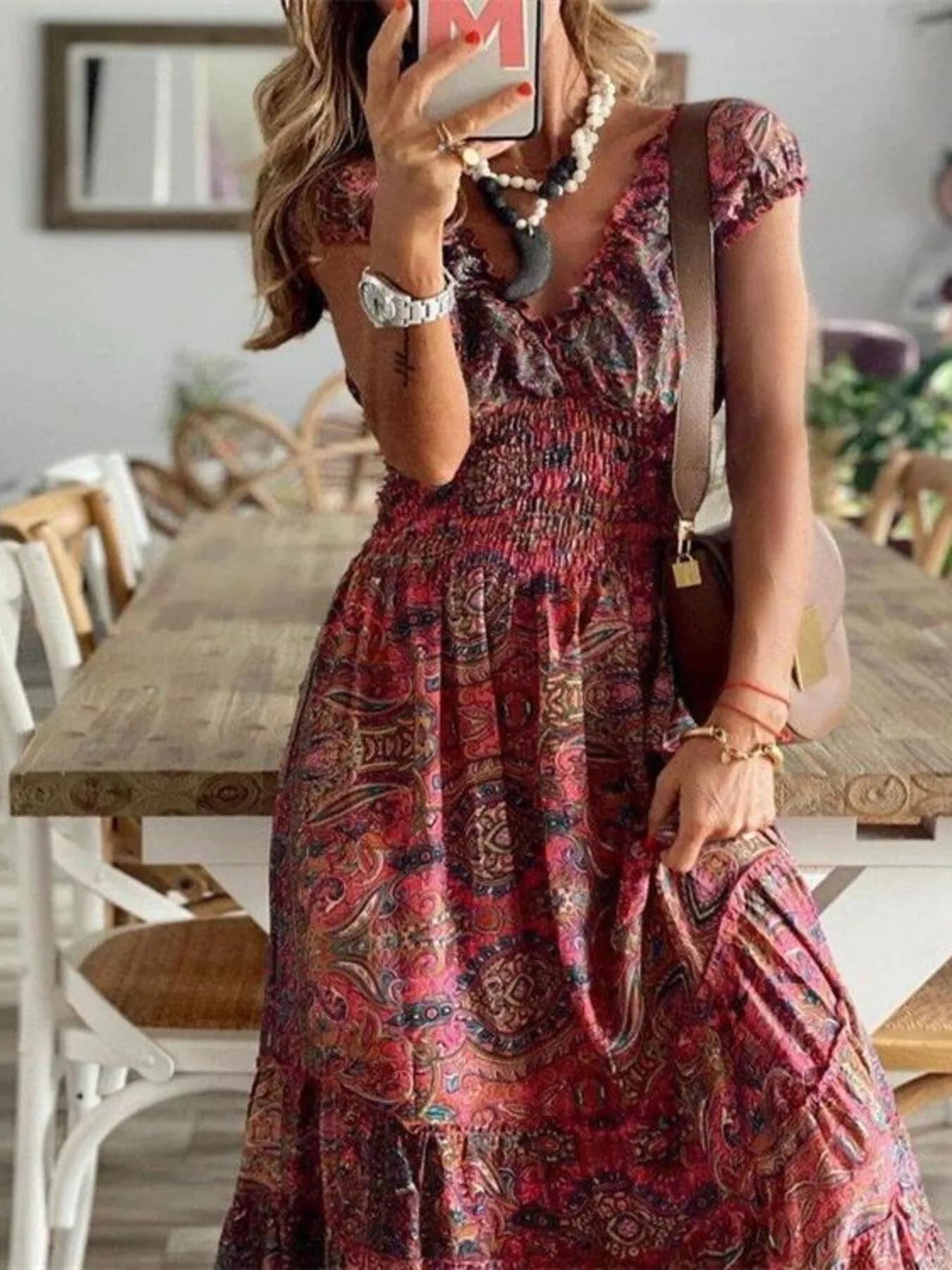 Full Size Paisley Print Cap Sleeve Maxi Dress Plus Size