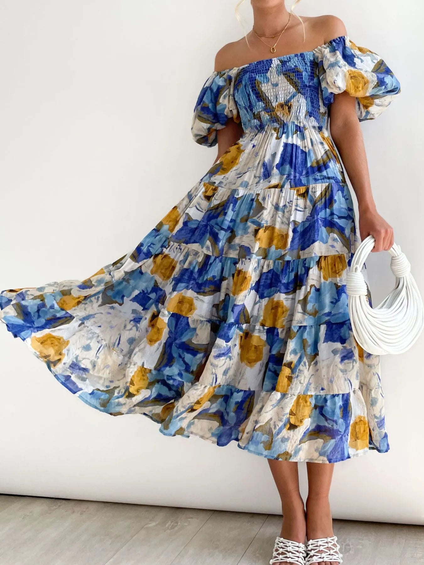 Floral Smocked Puff Sleeve Tiered Dress