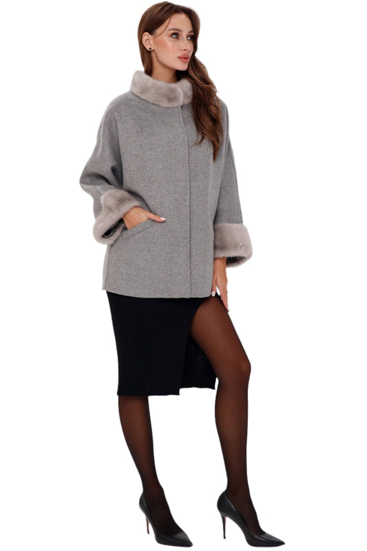 Manteau en véritable fourrure de vison et laine vierge
