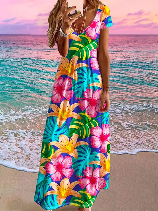 Women's Tropical Floral & Green Leaf Print V-Neck Short Sleeve Dress
