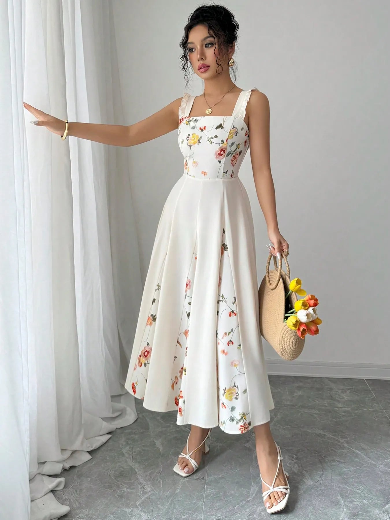 Printed Square Neck Midi Dress
