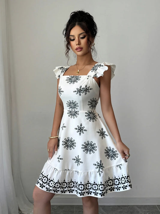 Printed Ruffled Cap Sleeve Dress
