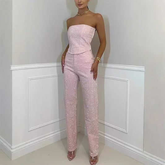 CPSYMYM Rhinestones Denim Vest Jeans Set Women Sexy Slim Sleeveless Strapless Empire Waist Zipper Pocket Pencil Trouser  Summer