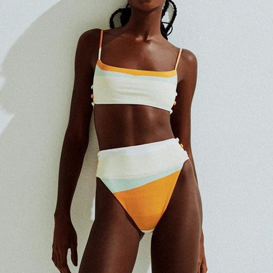 Sexy Buttons Bandeau Bikini Set Patchwork Print Swimsuit Women Swimming Suit High Waist Swimwear Sport Bathing Suit Swim
