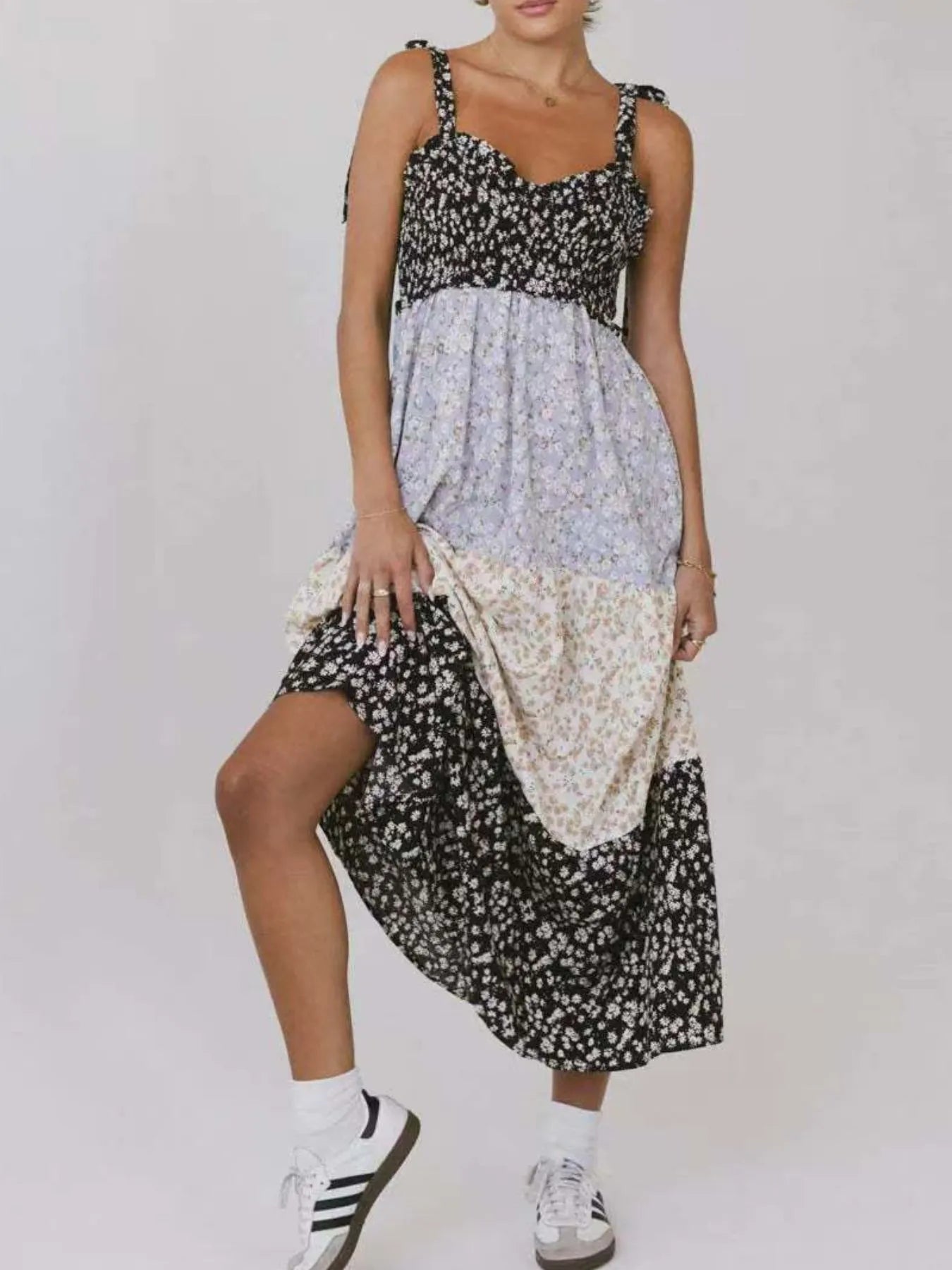 Smocked Tie Shoulder Printed Maxi Dress