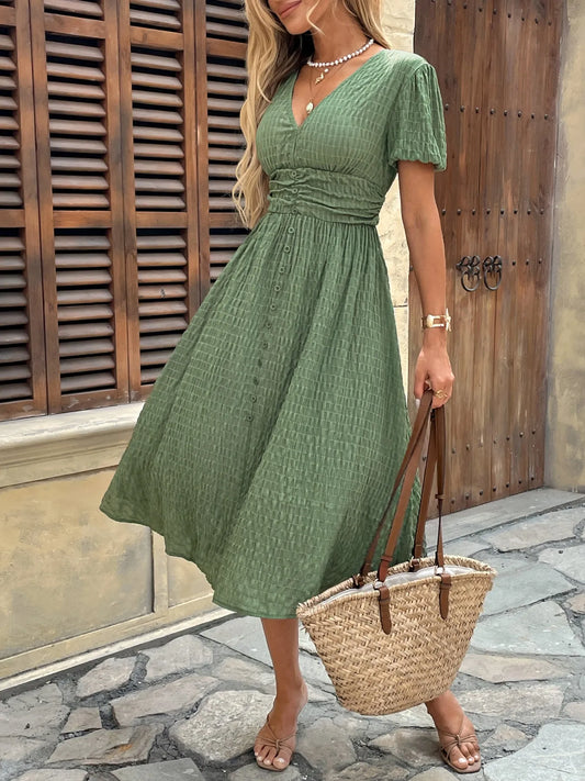 Textured V-Neck Short Sleeve Dress