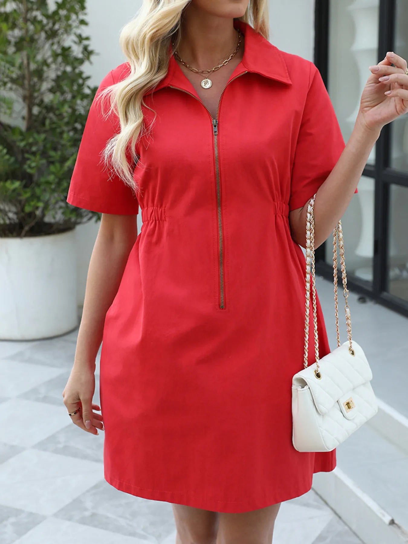 Zip-Front Short Sleeve Shirt Dress