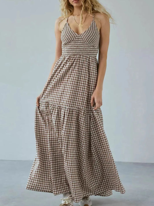 Crisscross Back Plaid Maxi Cami Dress