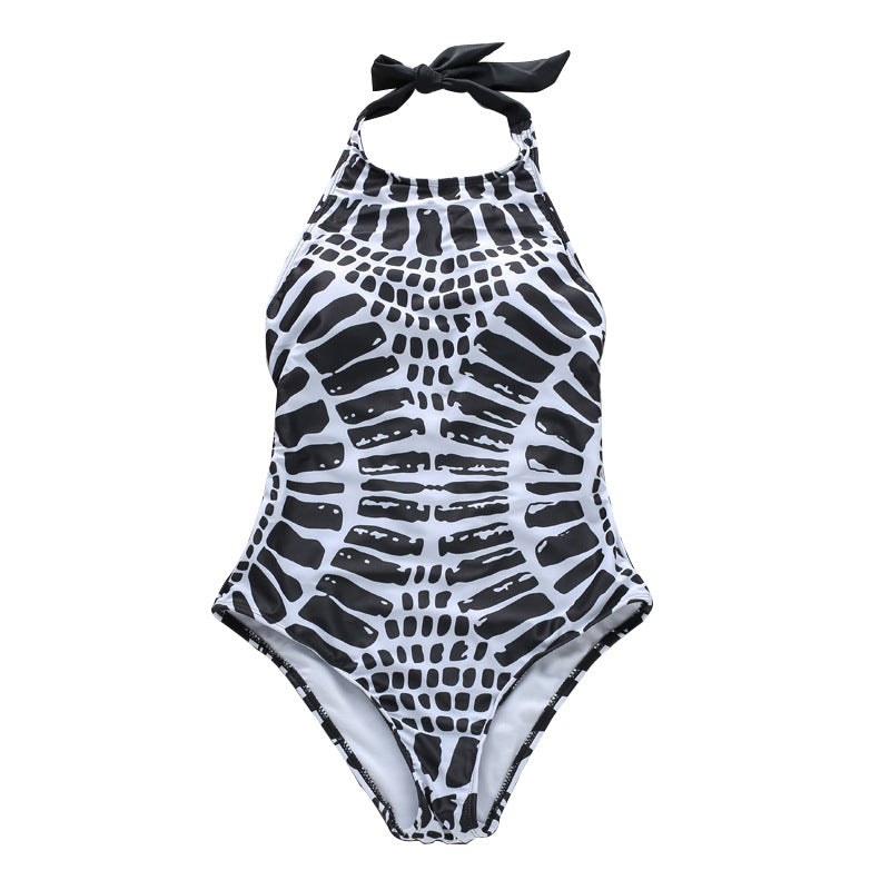 Sexy Halter Lace-up Swimsuit Totem Scale Corrugated Printed Bikini Swimsuit