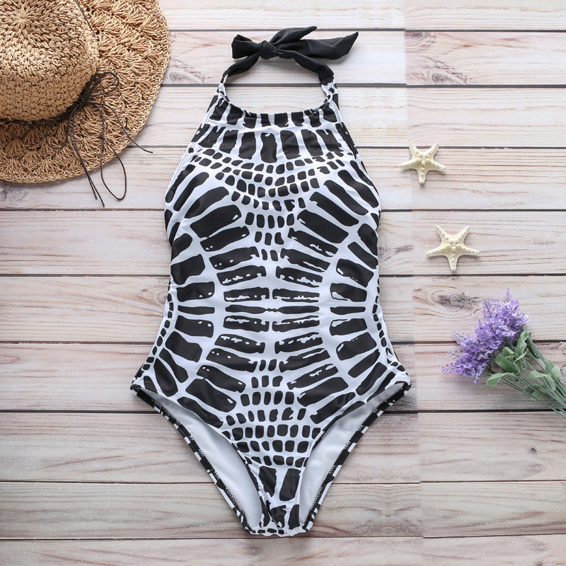 Sexy Halter Lace-up Swimsuit Totem Scale Corrugated Printed Bikini Swimsuit