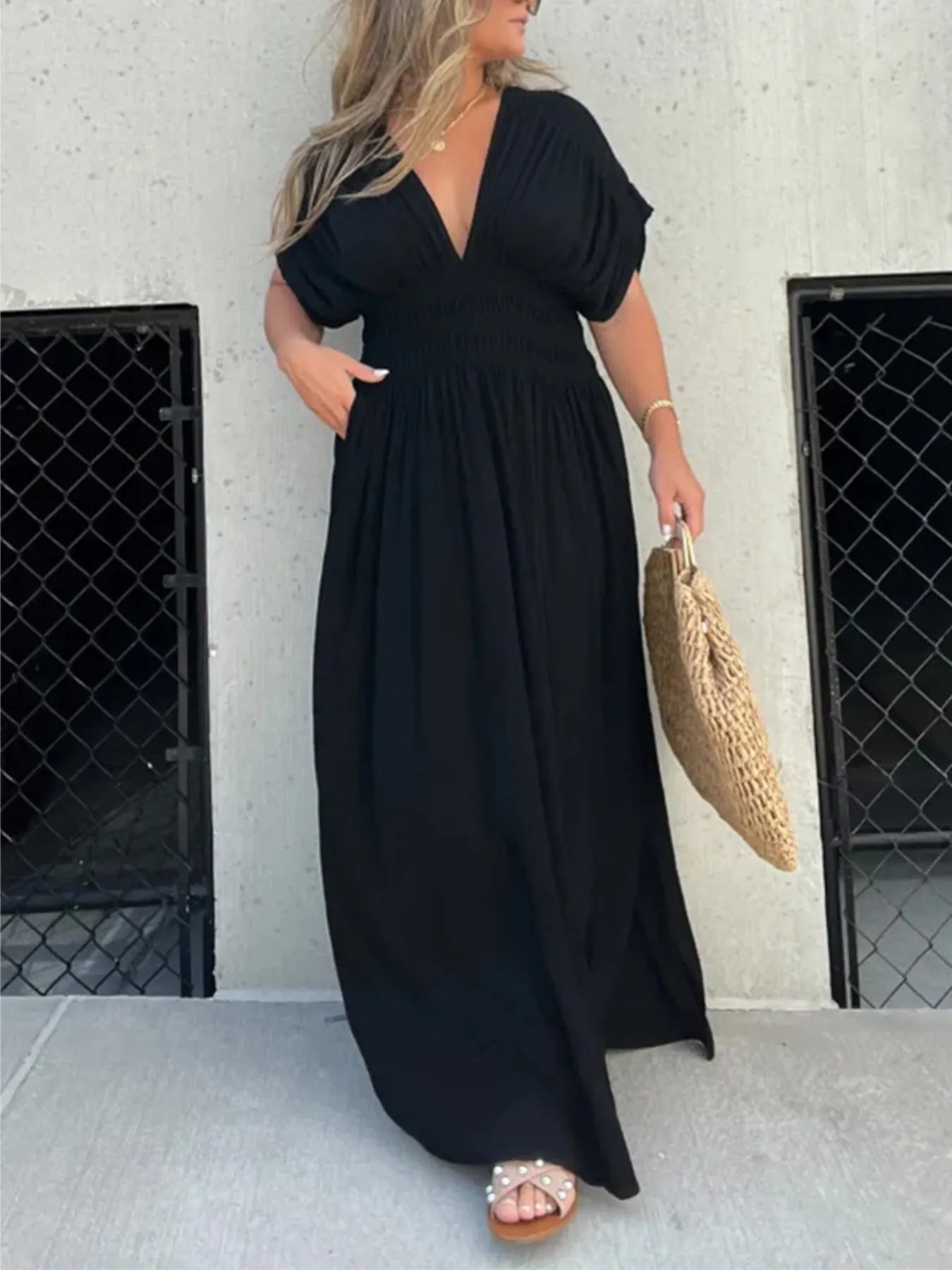 Deep V-Neck Maxi Dress with Side Slit Plus Size