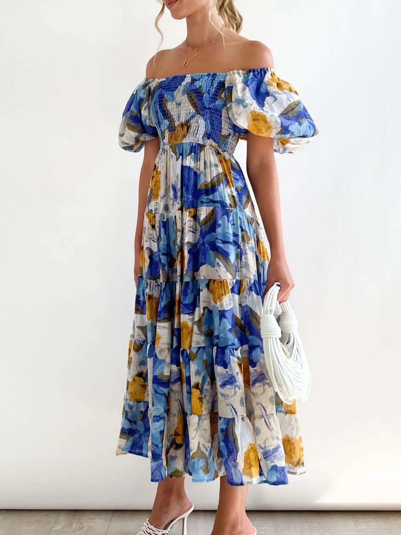 Floral Smocked Puff Sleeve Tiered Dress