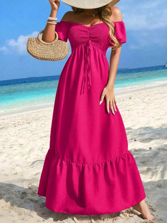 Off-Shoulder Smocked Maxi Dress with Ruffle Hem