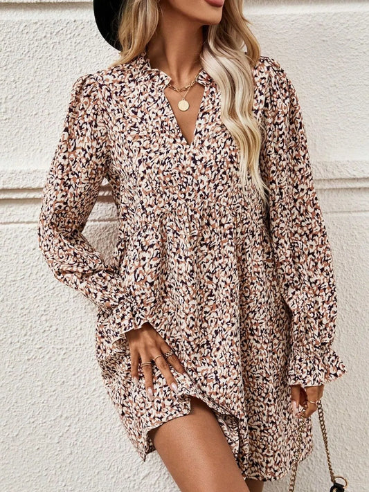 Printed Notched Flounce Sleeve Dress