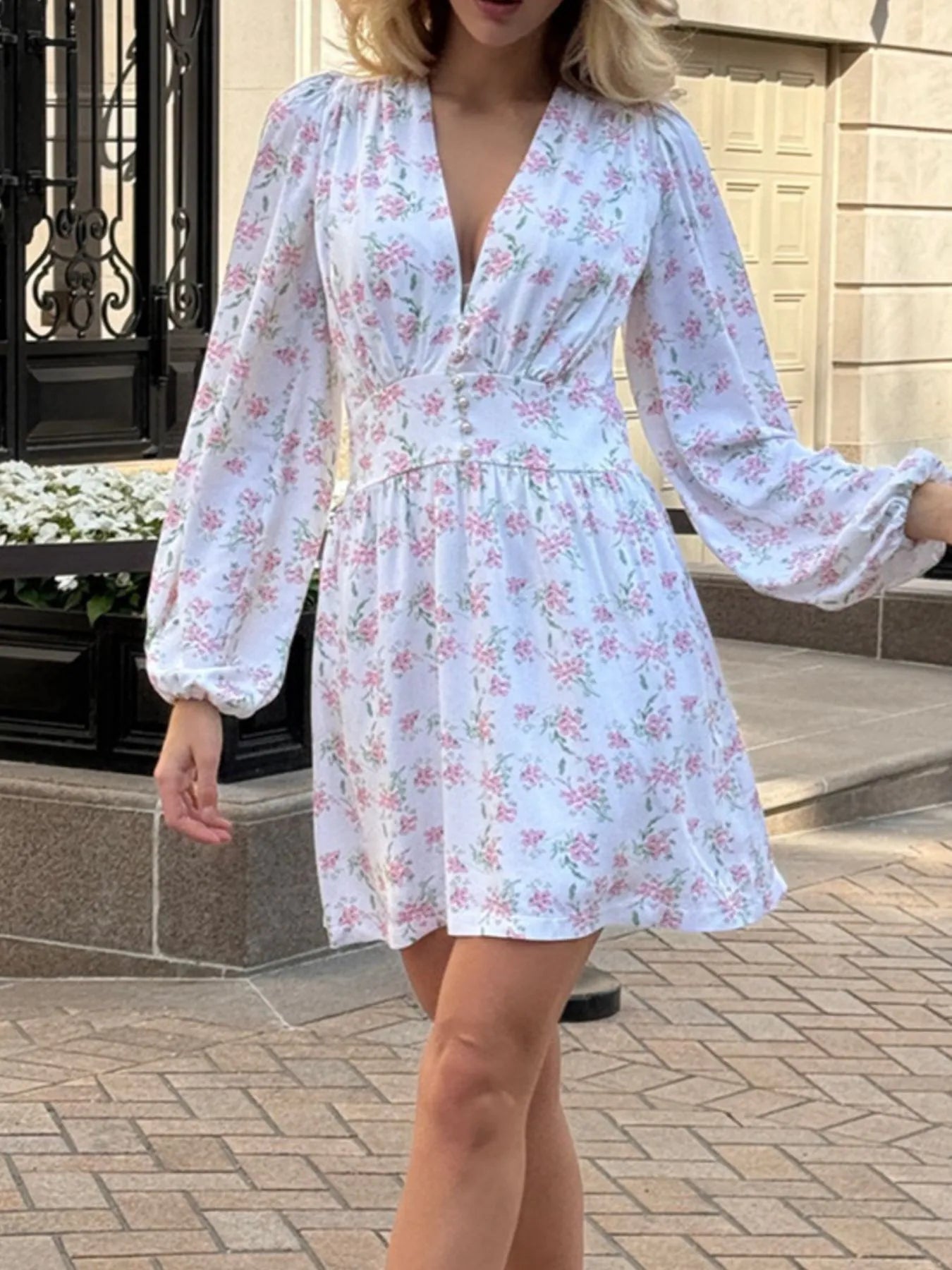Floral Print Balloon Sleeve Dress