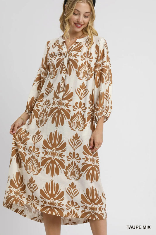 Mix Abstract Floral Print Midi Dress