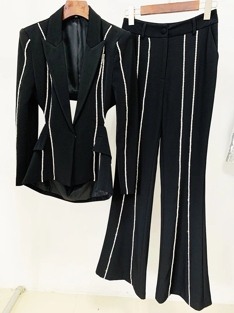 HIGH STREET Newest Fashion 2024 Designer Suit Set Women's Single Button Hollow Out Diamonds Beaded Blazer Flare Pants Set